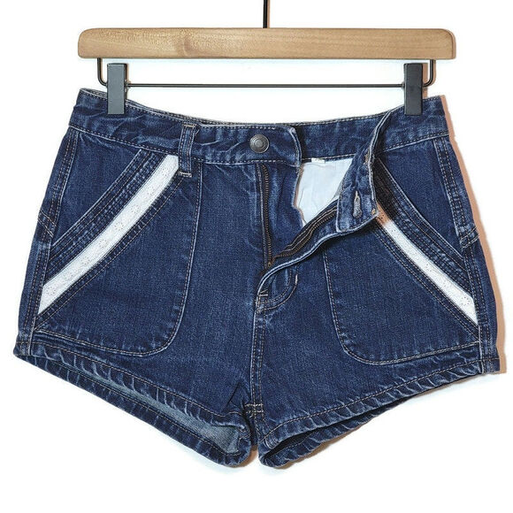 Free People Denim Short High Rise Lace Trim Blue Medium Wash Cotton Summer 26 - Picture 3 of 8